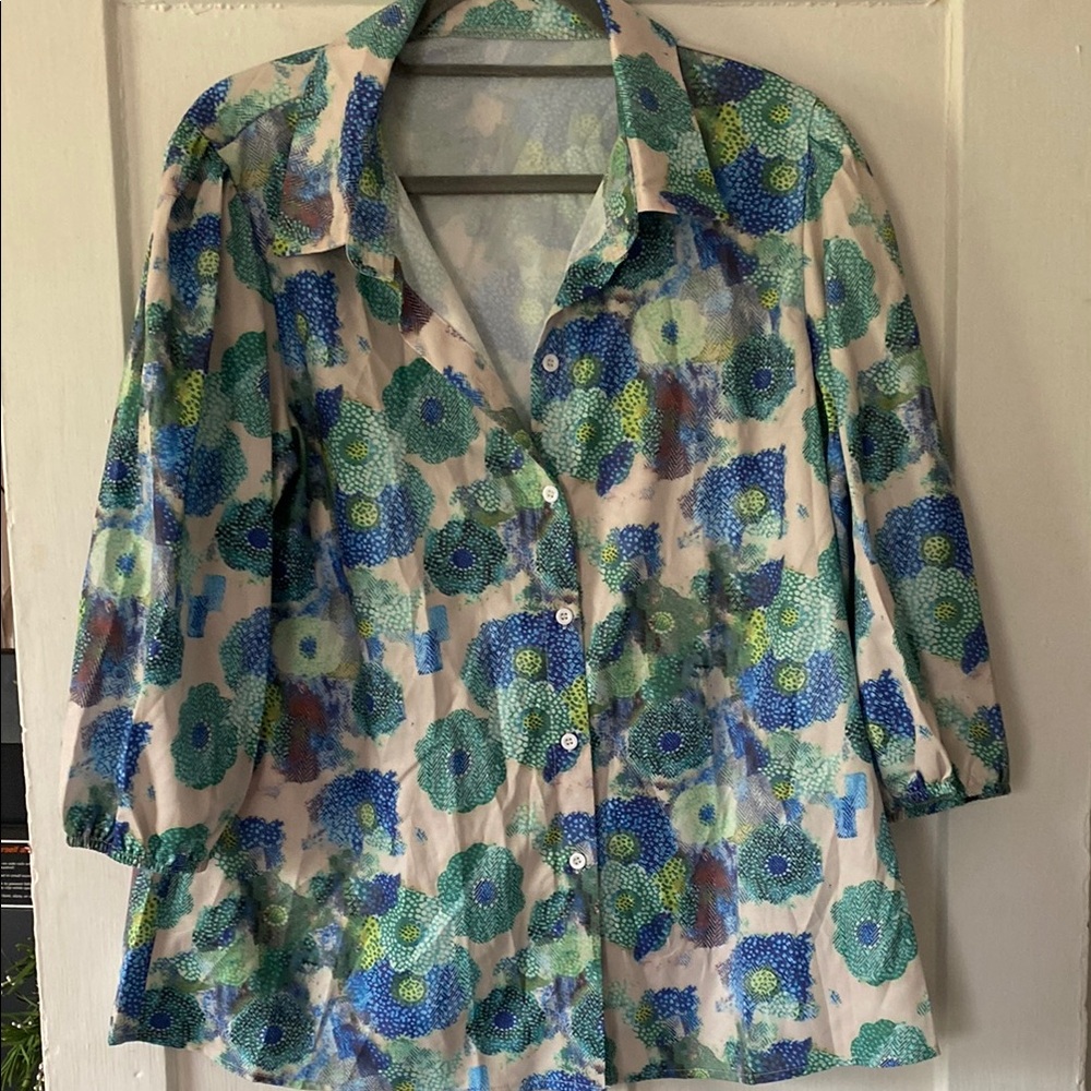 Blue and Green 3/4 Sleeve Button Down Shirt with Notched Collar